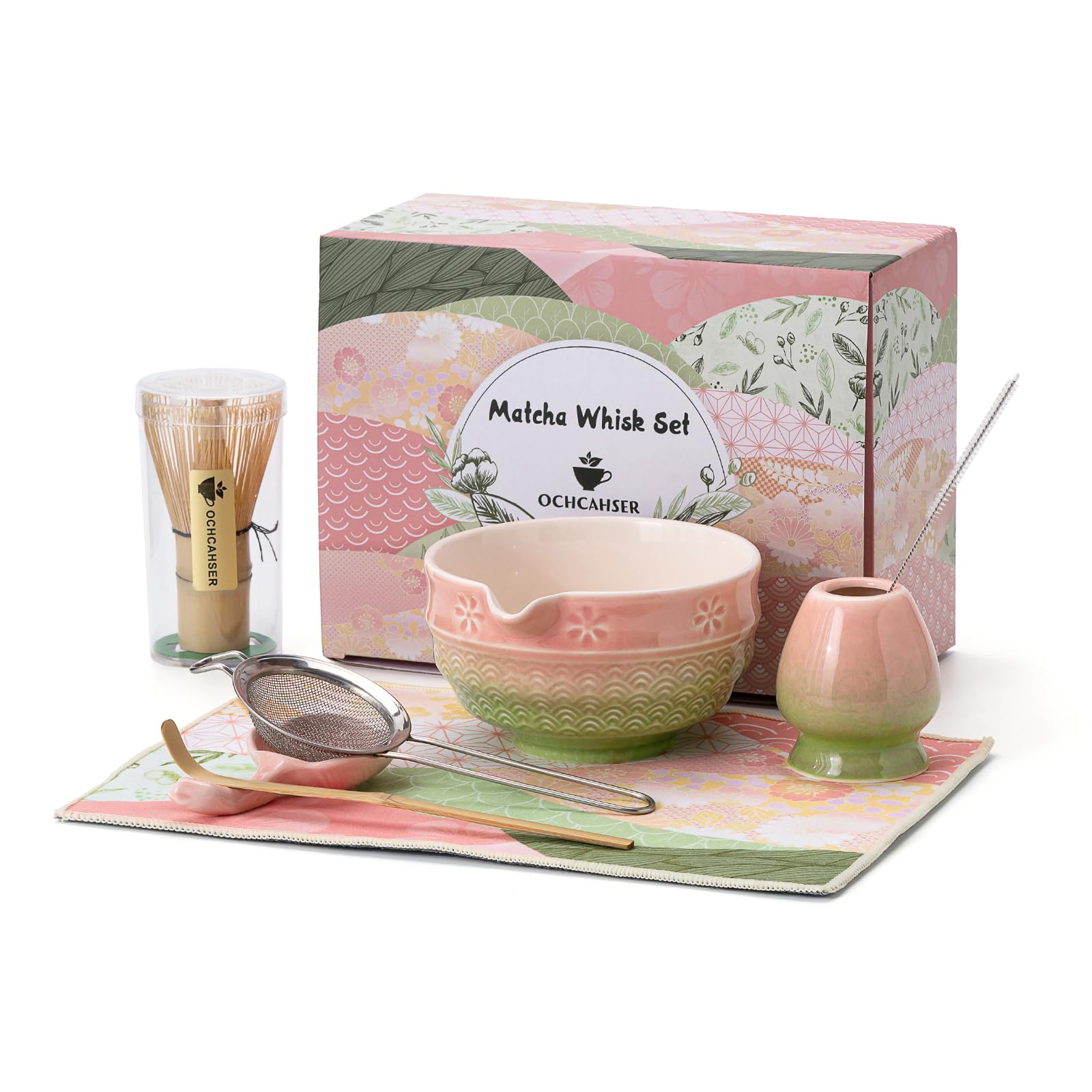 Ochcahser tazón de matcha cerámica con bordes sakura y diseño de olas, ideal para ceremonias.