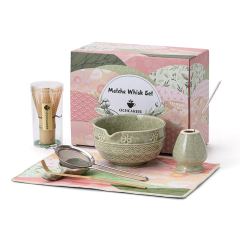 Ochcahser tazón de matcha cerámico con sakura y ola para ritual doméstico