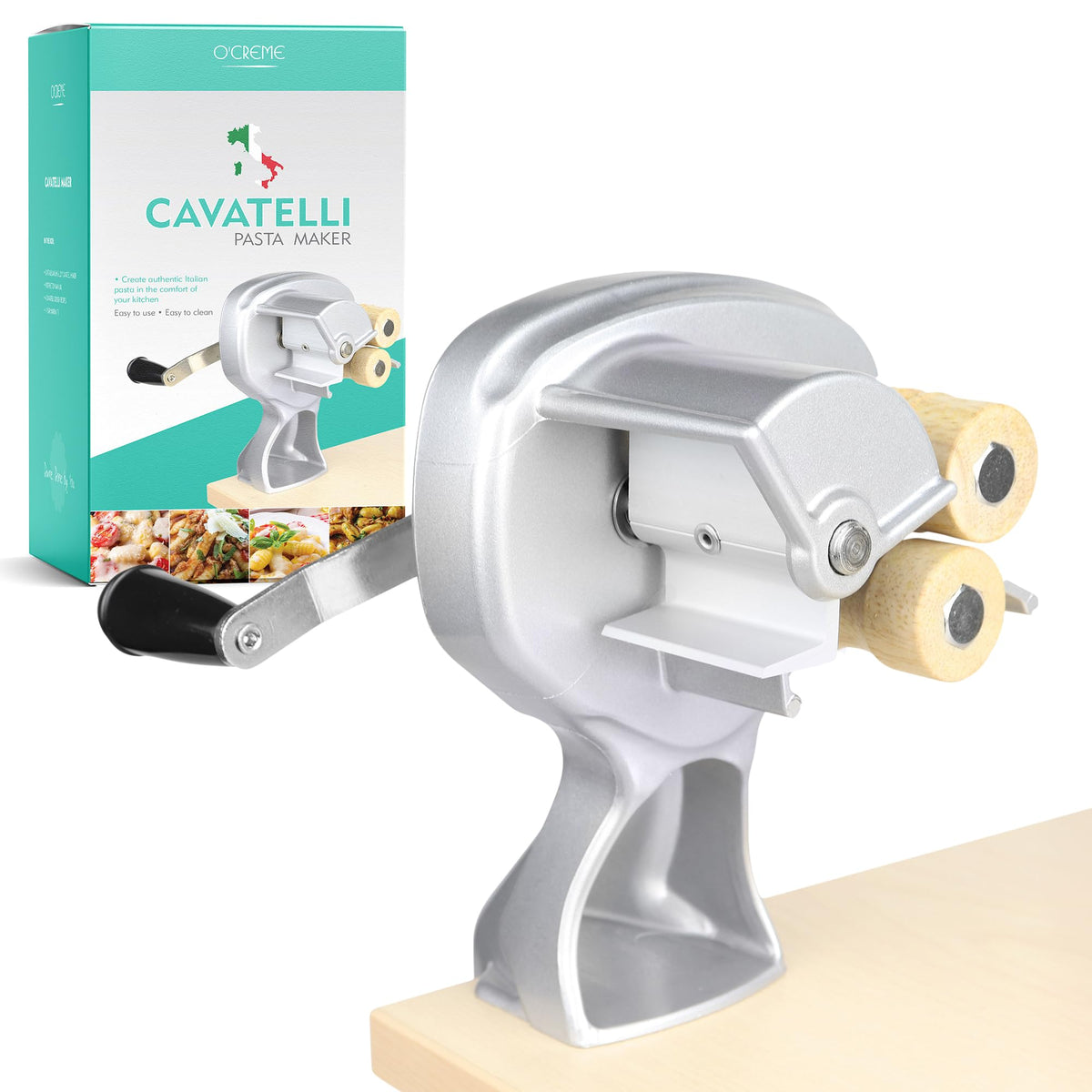 O'Creme Cavatelli con rodillos de madera para amasado suave y resultados consistentes.