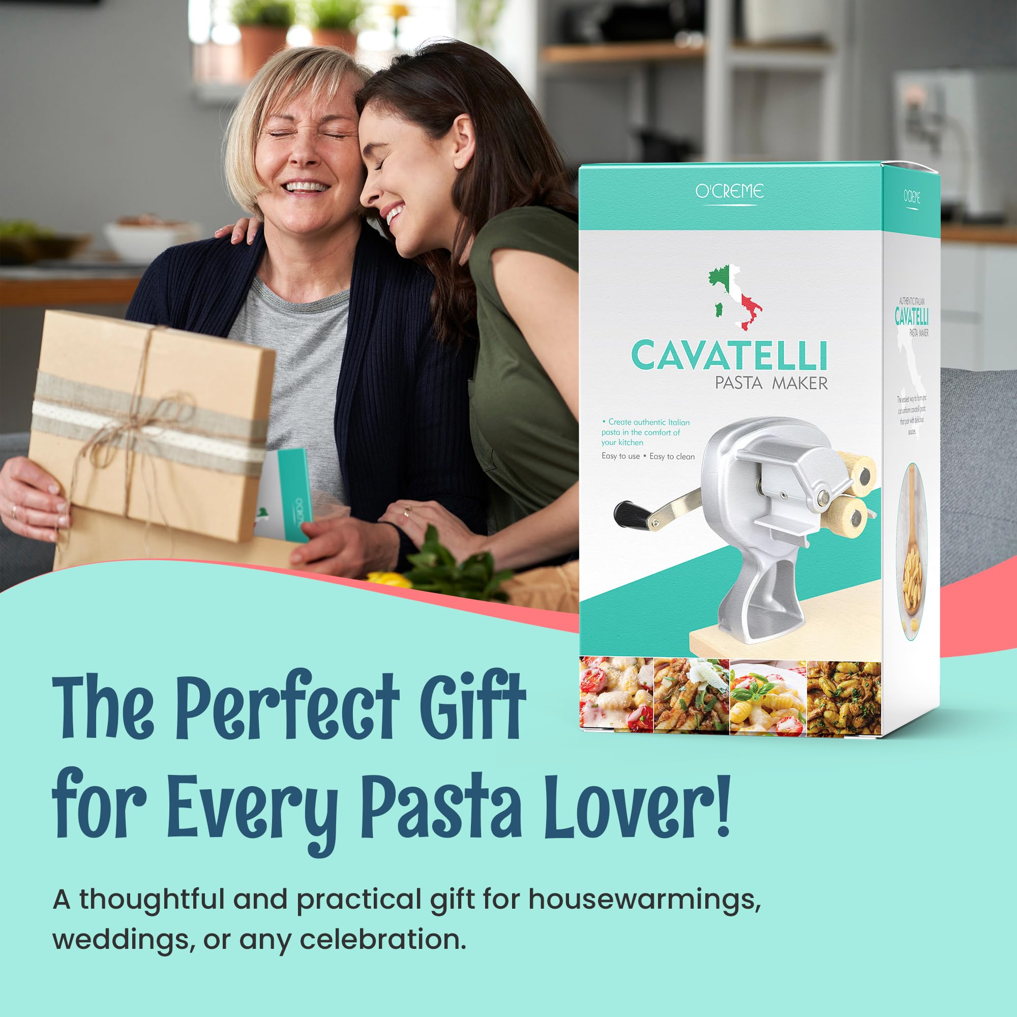 O'Creme es un regalo práctico para aficionados a la cocina y la pasta casera.