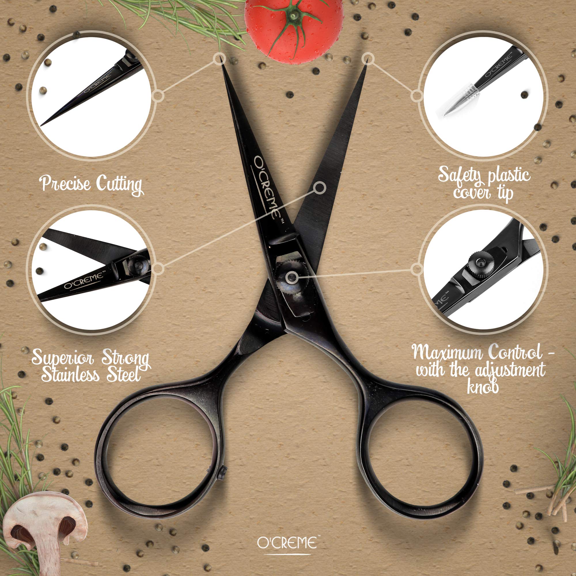 Tijeras O'Creme con ajuste clic para control preciso.