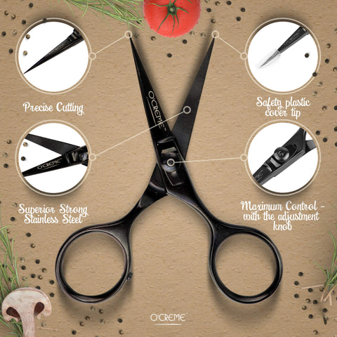 Tijeras O'Creme con ajuste clic para control preciso.