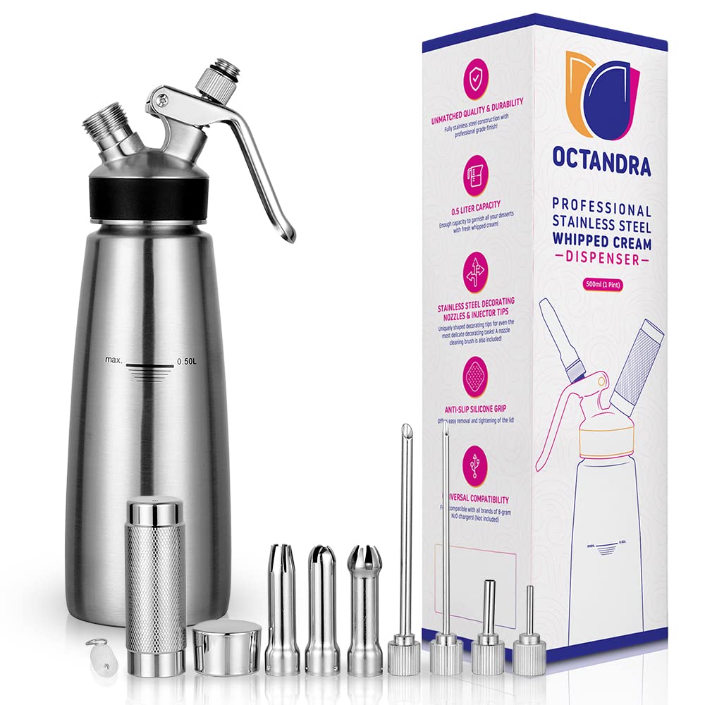 OCTANDRA Dispensador de crema batida 500 ml para coberturas ligeras en postres.