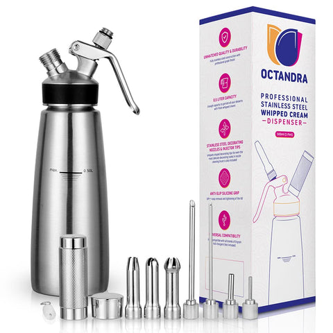 OCTANDRA Dispensador de crema batida 500 ml para coberturas ligeras en postres.