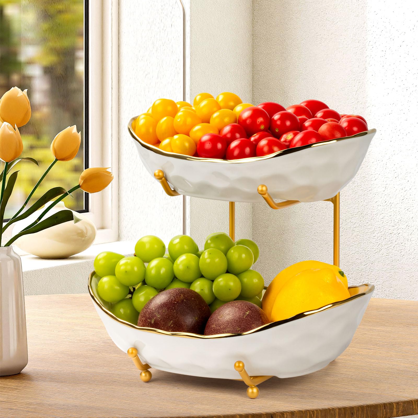OdoVow Bandeja fruta doble cerámica para exhibir frutas en la encimera.