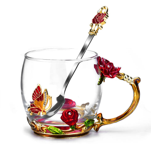 OEAGO taza esmaltada con mariposa y rosa, regalo elegante para cualquier ocasión