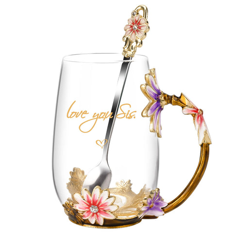 OEAGO taza de té esmaltada con flor 3D, regalo elegante para hermana.