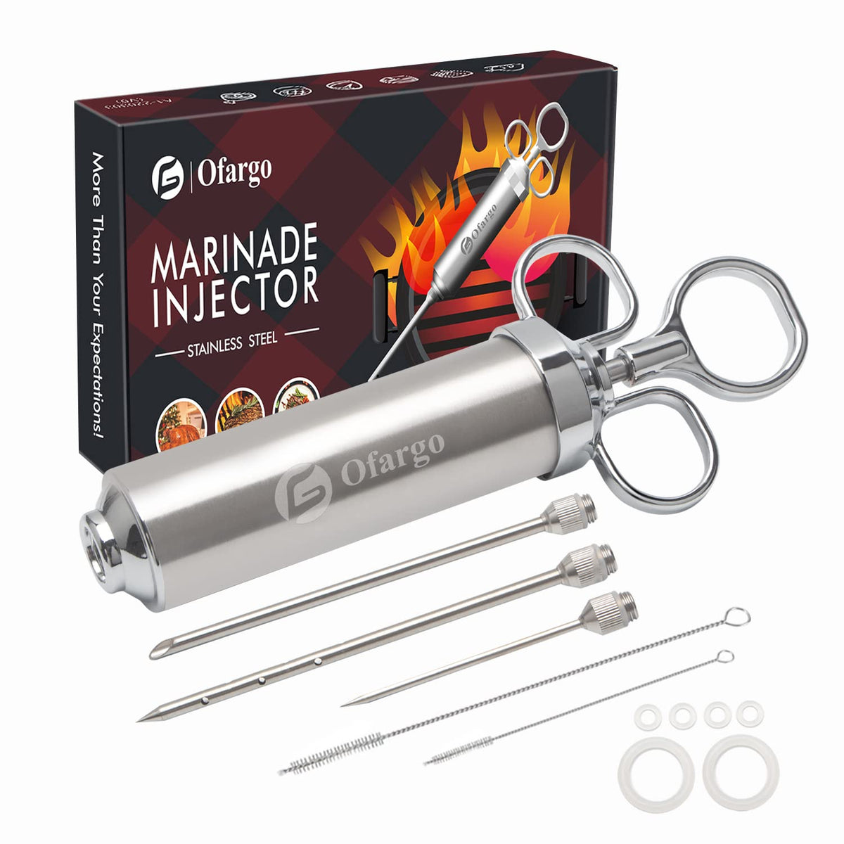 Inyector de carne Ofargo con tres agujas, ideal para marinar piezas grandes.