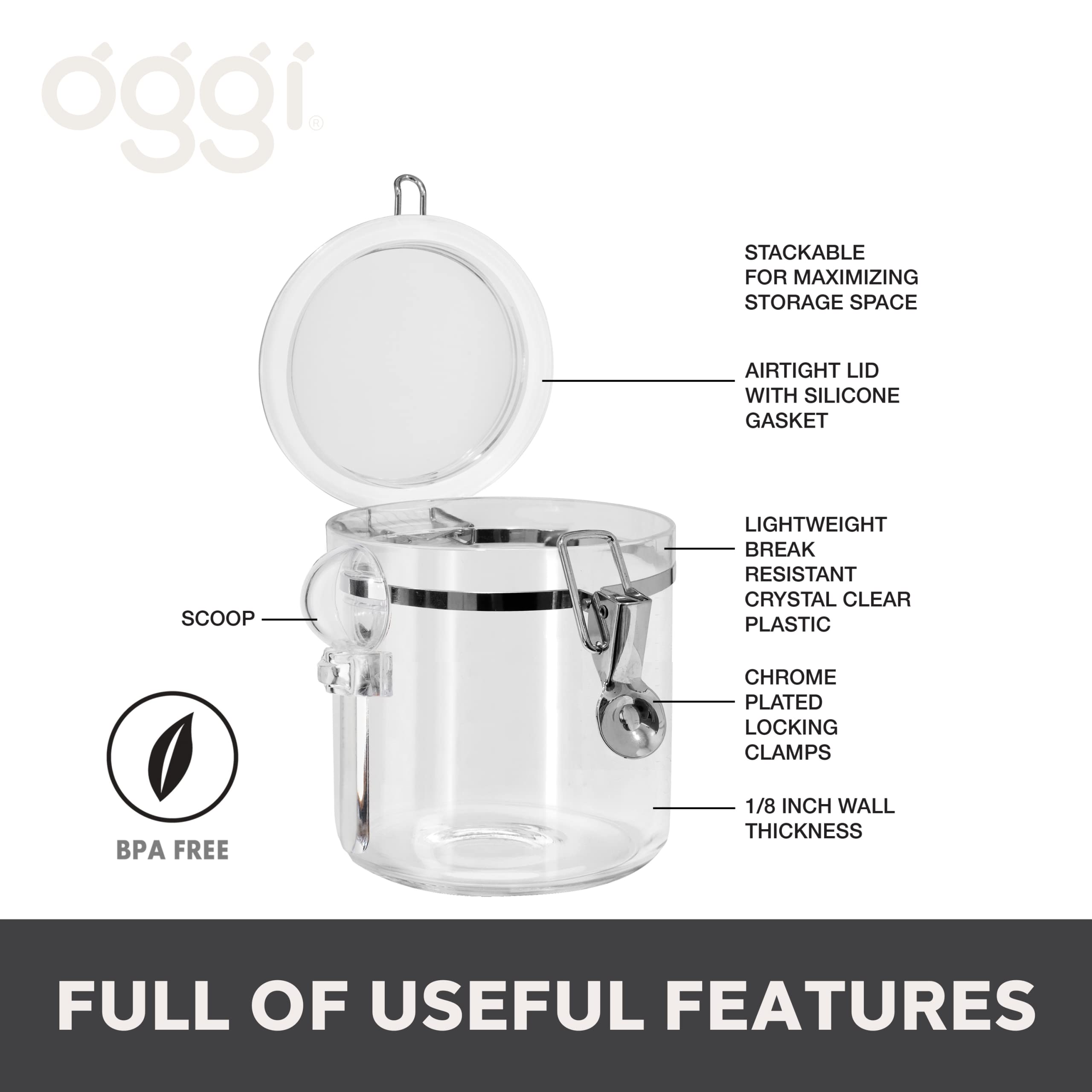 OGGI frasco cocina con diseño delgado y apilable para estantes ordenados.