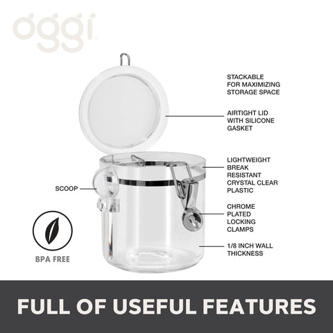 OGGI frasco cocina con diseño delgado y apilable para estantes ordenados.