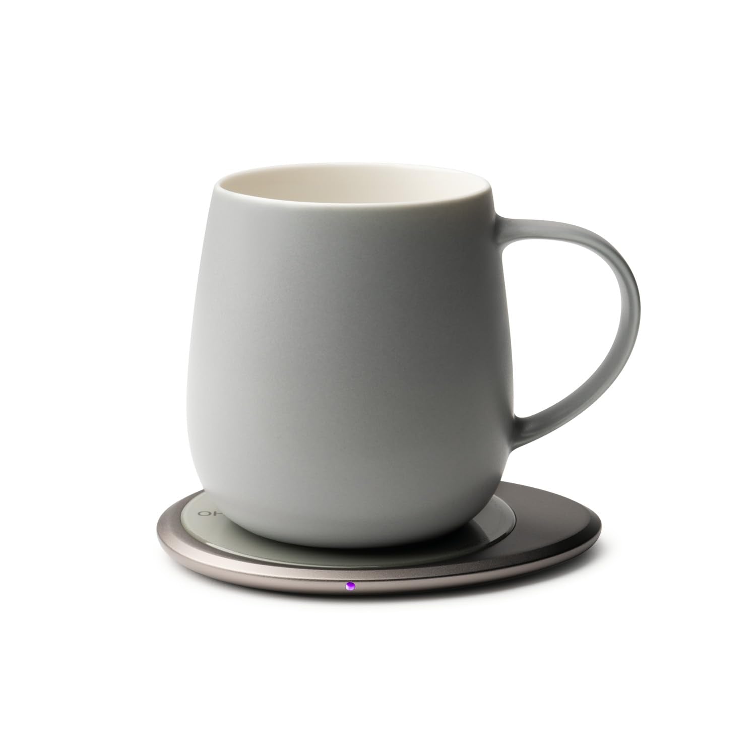 OHOM Ui 3, taza auto-calentante gris suave, vista frontal para temperatura estable