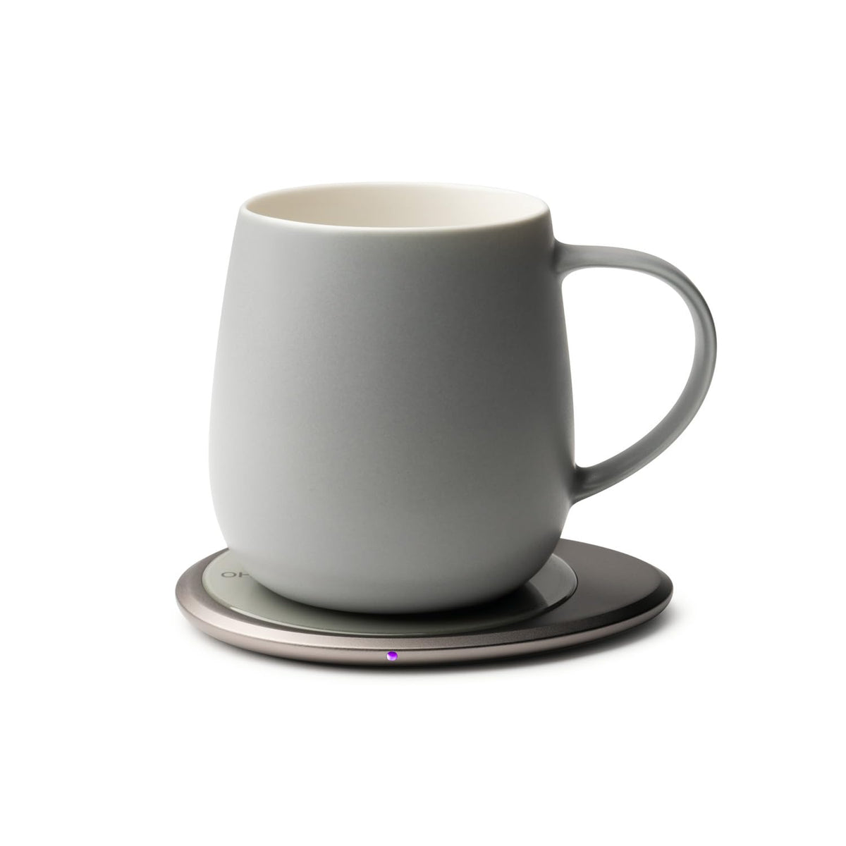 OHOM Ui 3, taza auto-calentante gris suave, vista frontal para temperatura estable