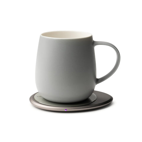 OHOM Ui 3, taza auto-calentante gris suave, vista frontal para temperatura estable