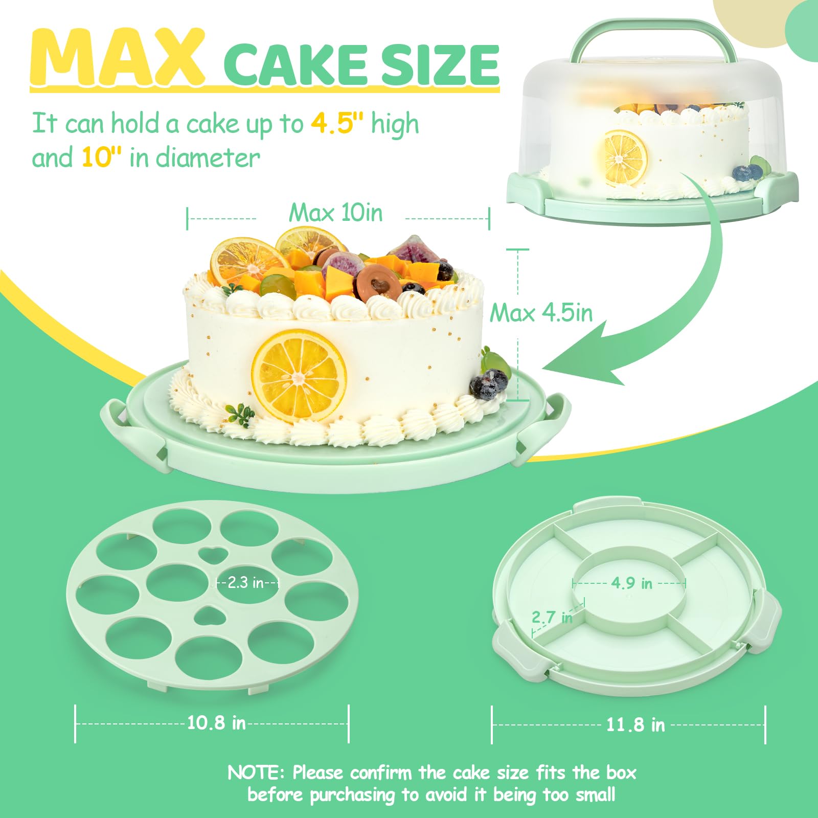 Gran capacidad para pasteles de 10 pulgadas.