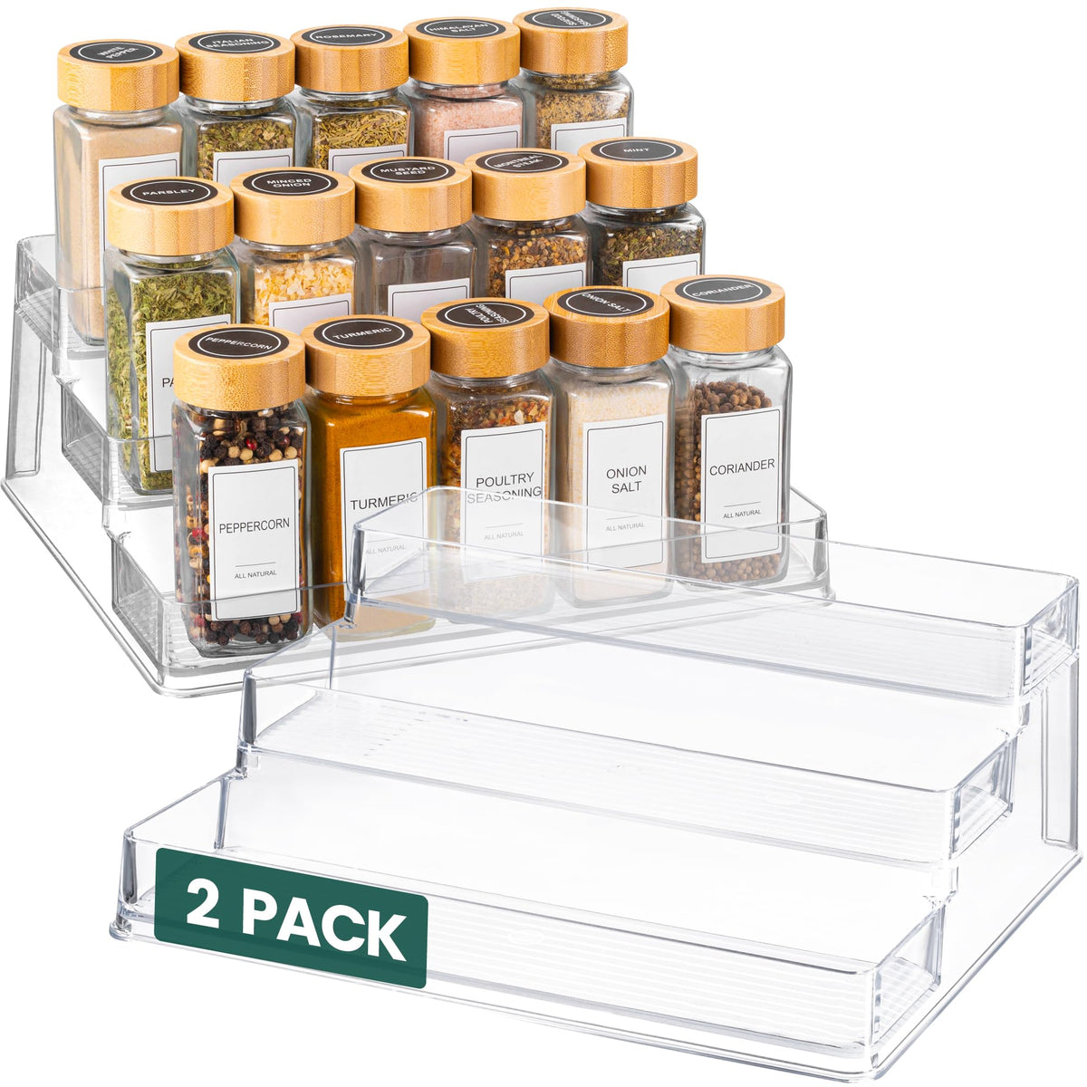 Oizeir organizador acrílico de 3 niveles, vista frontal, ideal para ordenar especias.