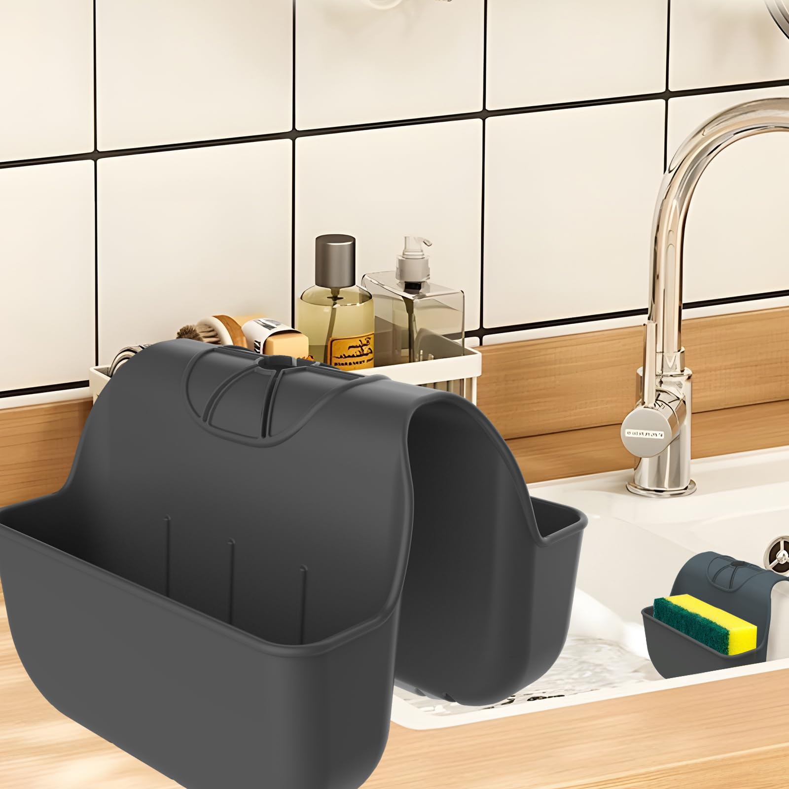 OKeanu portaesponjas en fregadero de silicona, organización rápida para utensilios de cocina.