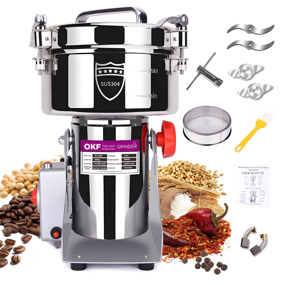 OKF molino de granos con capacidad 2000 g en acero inoxidable 304, ideal para uso doméstico.