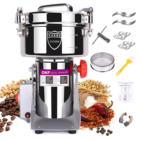 OKF molino de granos con capacidad 2000 g en acero inoxidable 304, ideal para uso doméstico.