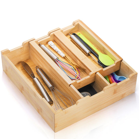 Okllen organizador de cajón de cocina en bambú, dos niveles, ahorro de espacio.