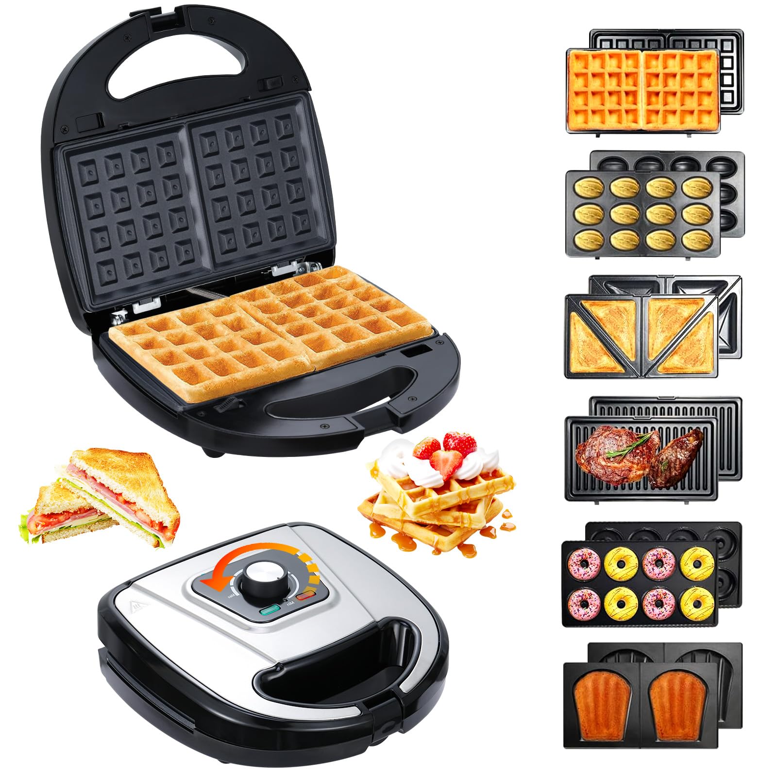 OKYUK 6 en 1 waflera con placas removibles en acero inoxidable, duradera y fácil de limpiar.