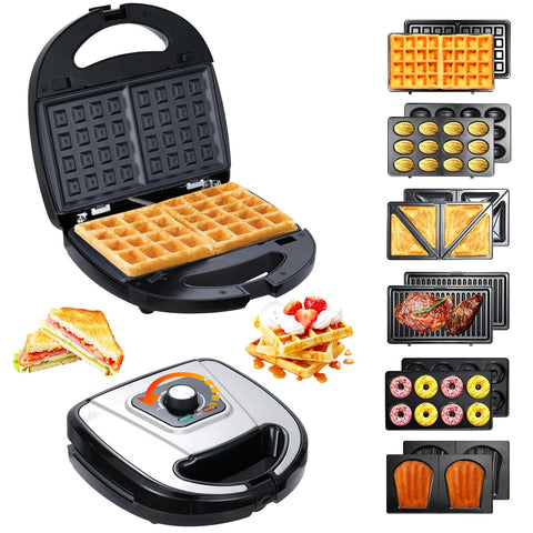 OKYUK 6 en 1 waflera con placas removibles en acero inoxidable, duradera y fácil de limpiar.