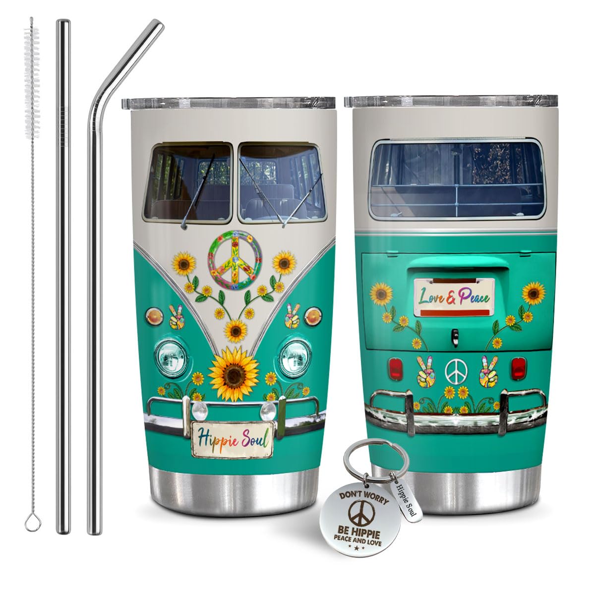 Oldchi tumbler hippie verde 20oz con tapa cepillo para beber en movimiento