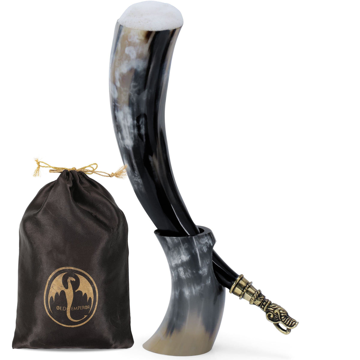 OLDEMPEROR Viking Drinking Horn XL con punta Fenrir de bronce, detalle destacado