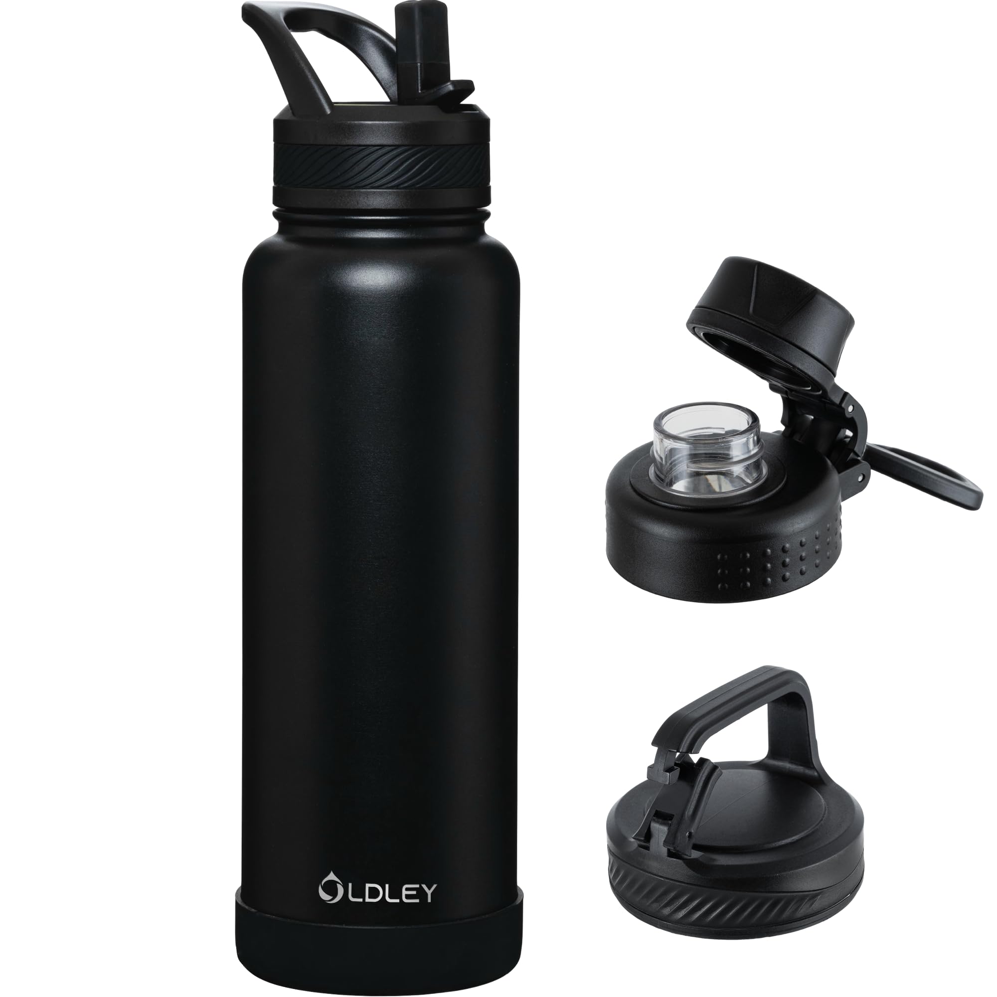 La botella OLDLEY 40oz en negro, vista frontal, ideal para uso diario al aire libre.