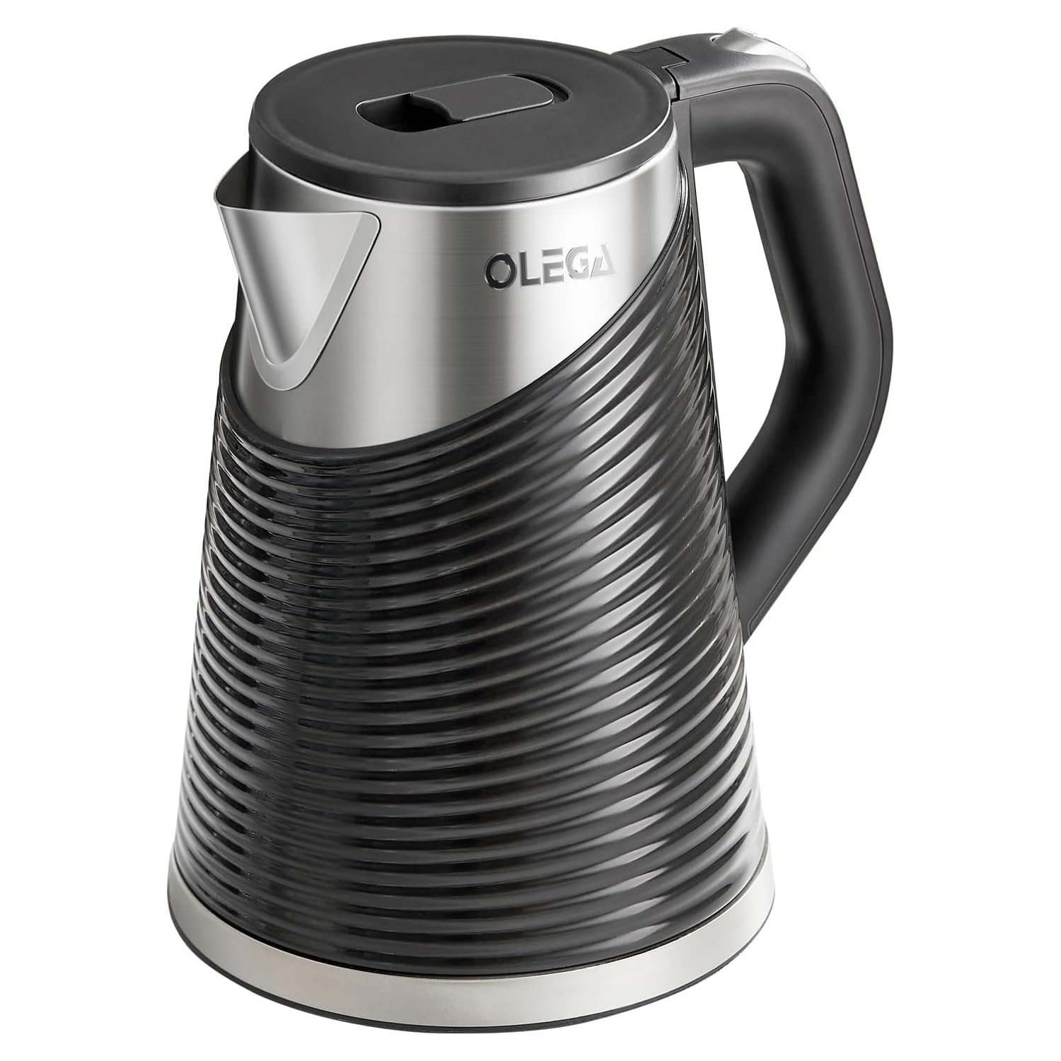 OLEGA hervidor eléctrico 1500W, vista frontal, hervir rápido para té o café.