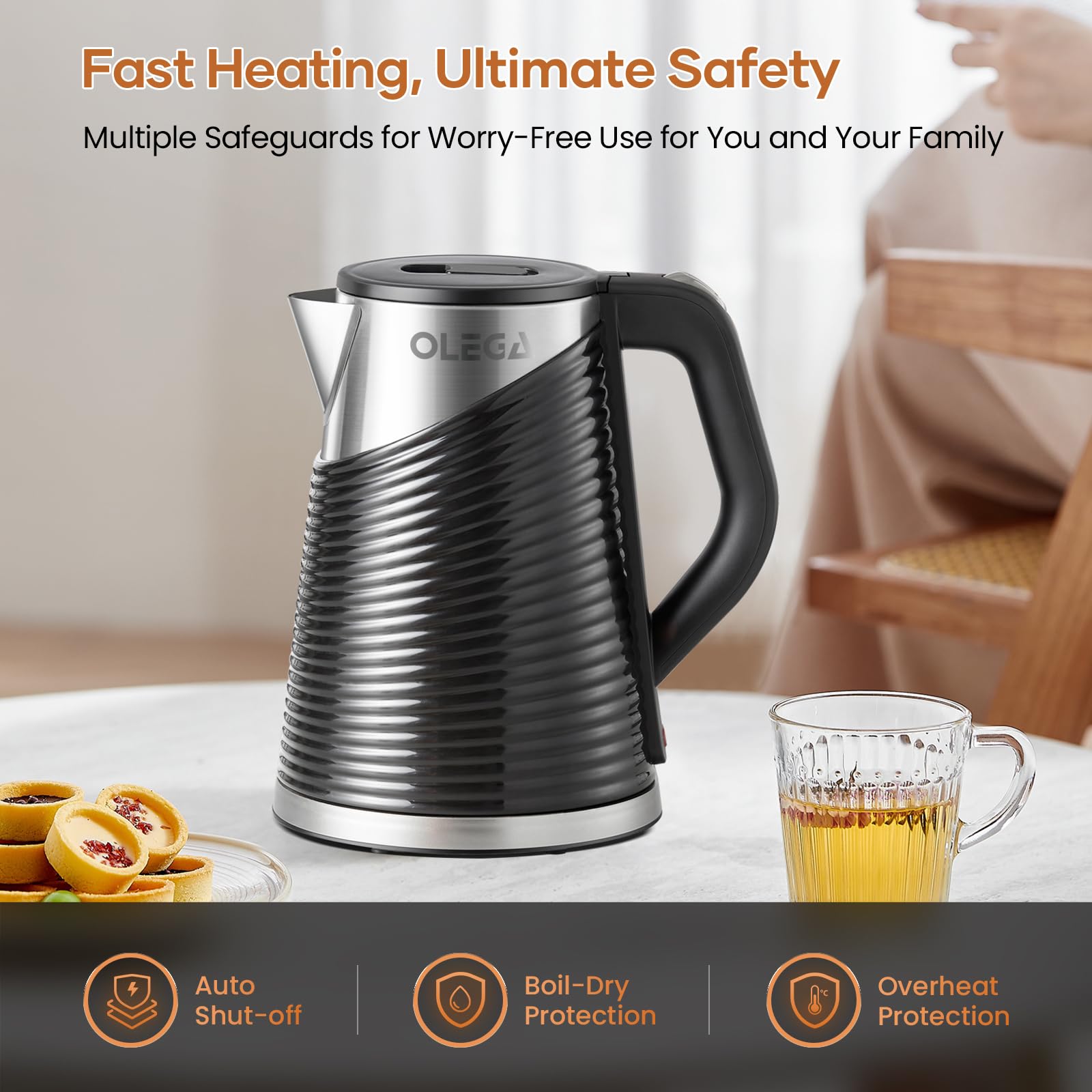 OLEGA hervidor con apagado automático para seguridad al hervir.