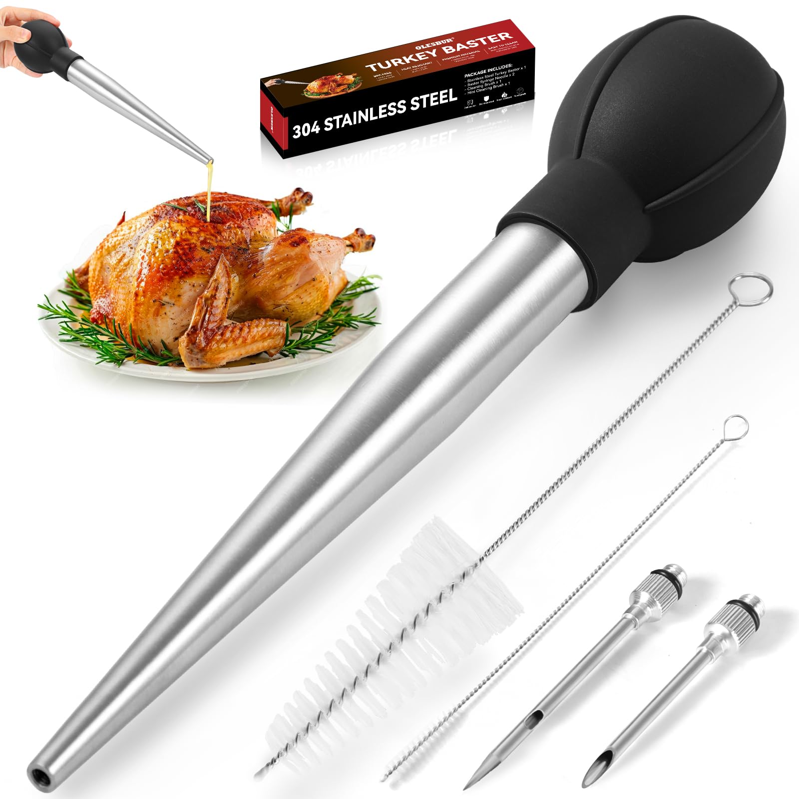 OLESBUR Baster para pavo con cuerpo de acero inoxidable, control de jugos durante el horneado.