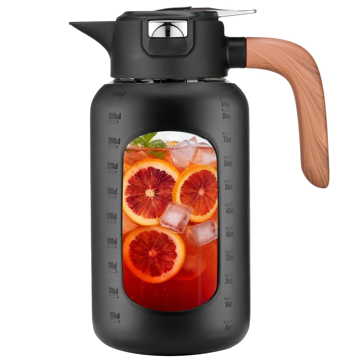Jarra Olivego 84 oz frente muestra tapa y asa ergonómica para servir fácilmente