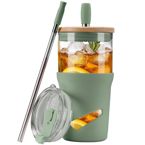 Vaso Olivego de vidrio 20 onzas con tapa de bambú para bebidas sostenibles.