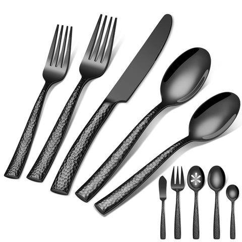 Ollex cubiertos 45 piezas martillados negros para 8, duraderos y elegantes.