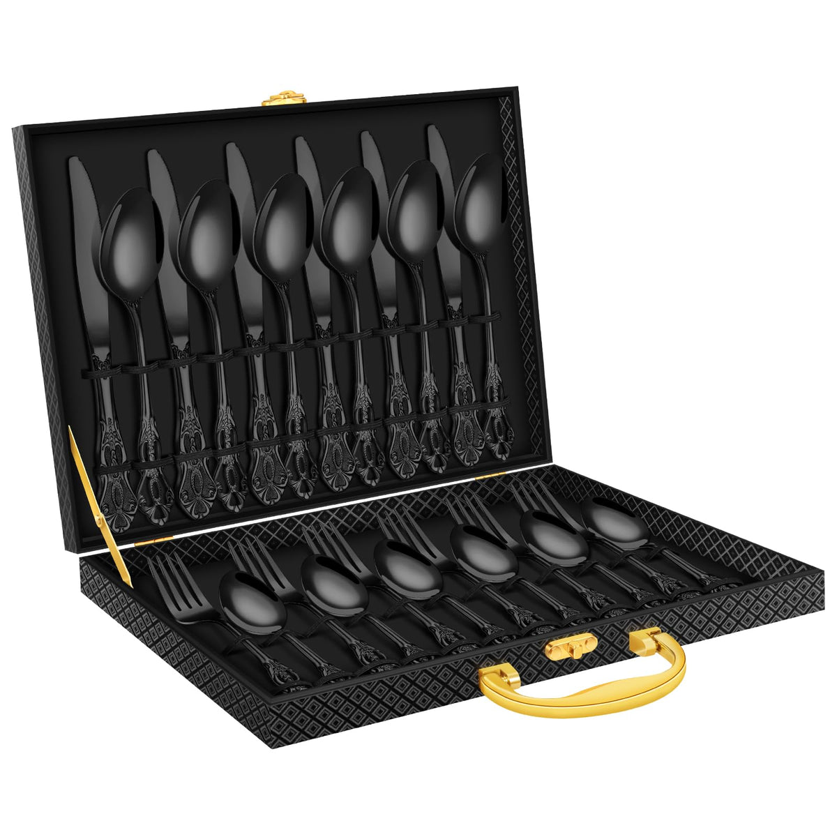 Ollex set de cubiertos negro espejo con caja de madera para 6 personas.