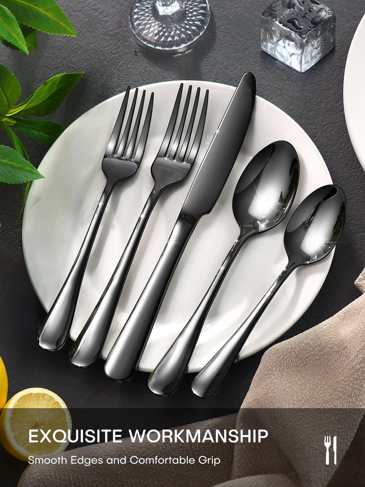 Ollex set cubiertos negro 40 piezas para reuniones, resistente al calor y al frío.