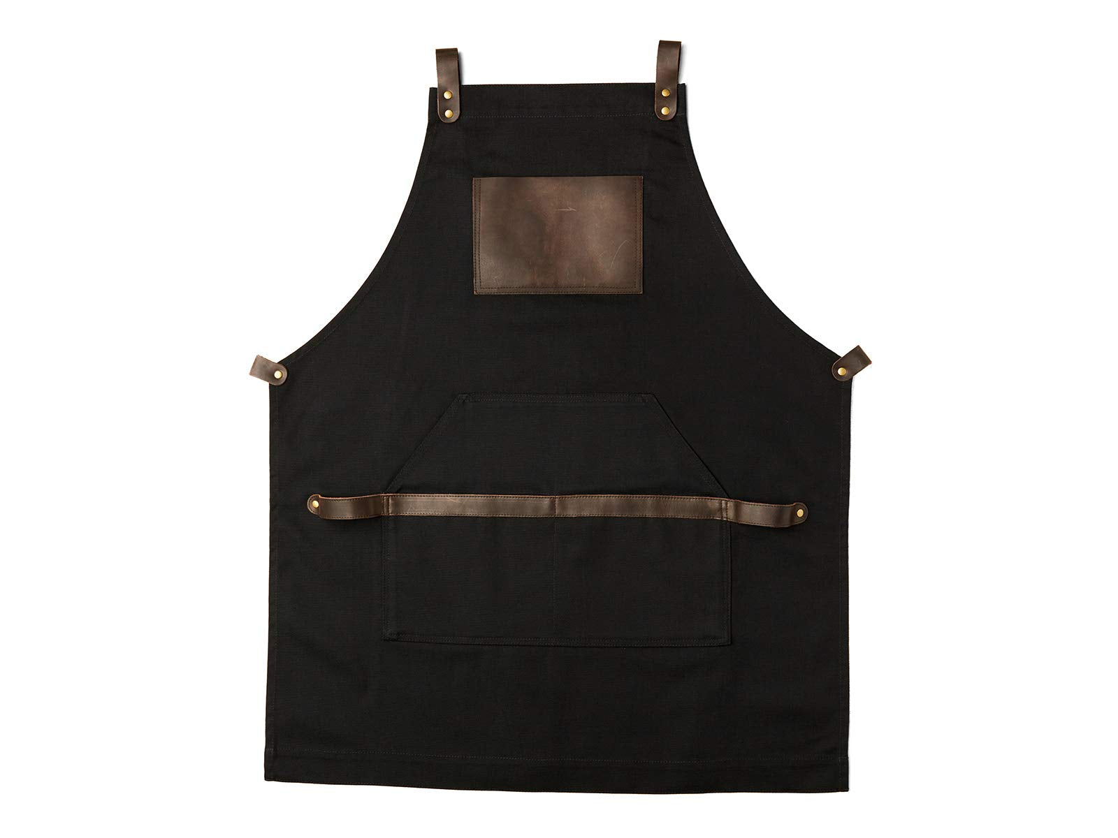 Delantal OLPR negro frente: lona y cuero para cocina profesional.