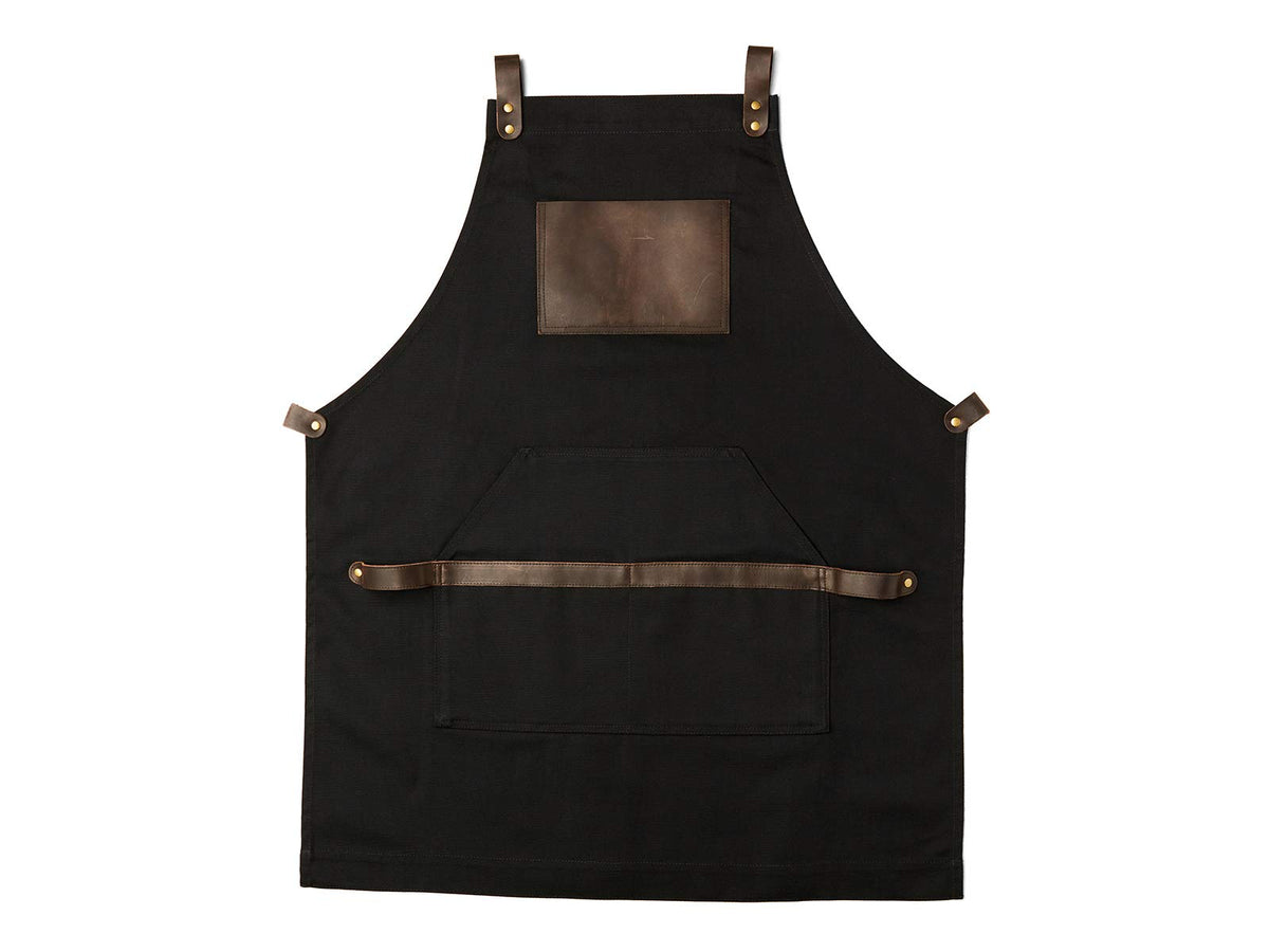 Delantal OLPR negro frente: lona y cuero para cocina profesional.