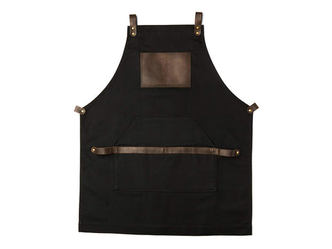 Delantal OLPR negro frente: lona y cuero para cocina profesional.