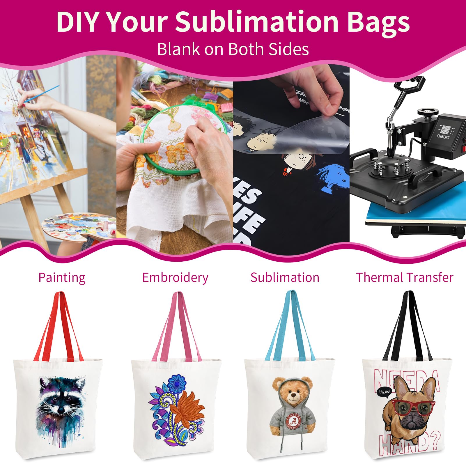 OLSUNOR bolsa canvas sublimación, asas coloridas para personalizar regalos o eventos