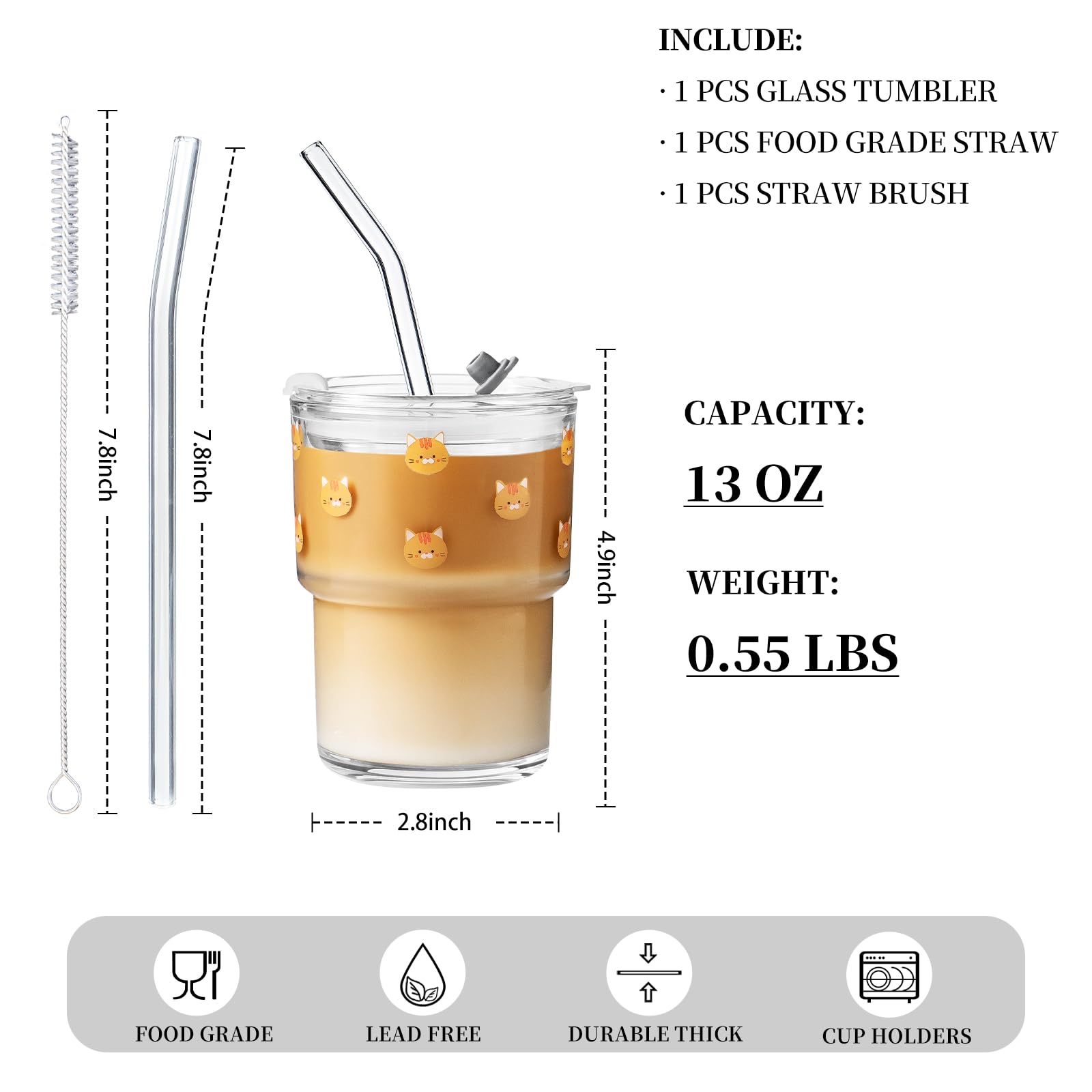 Olvini taza de vidrio 13oz para uso diario, cómoda de sostener