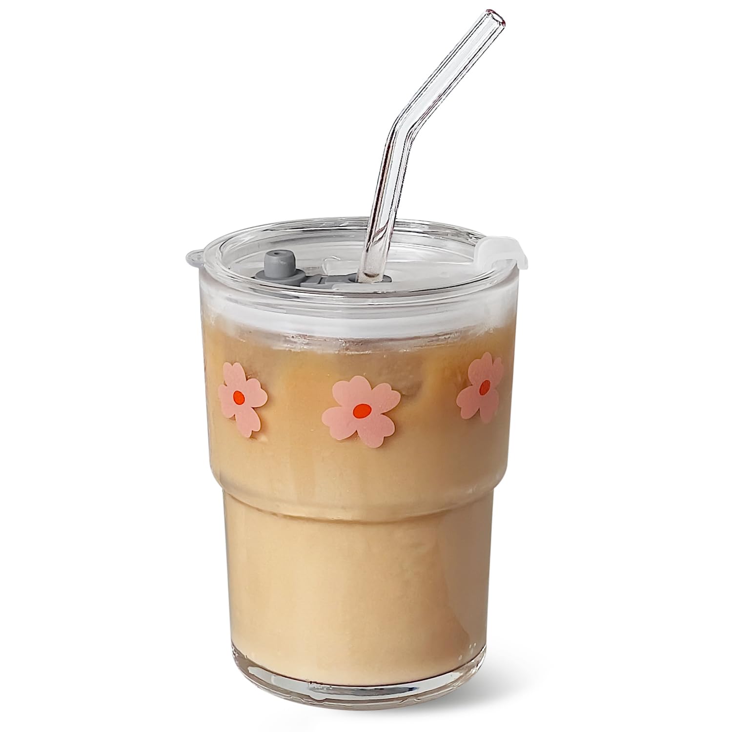 Vaso de cristal Olvini 13 onzas con tapa y pajilla, ideal para bebidas frías y calientes.