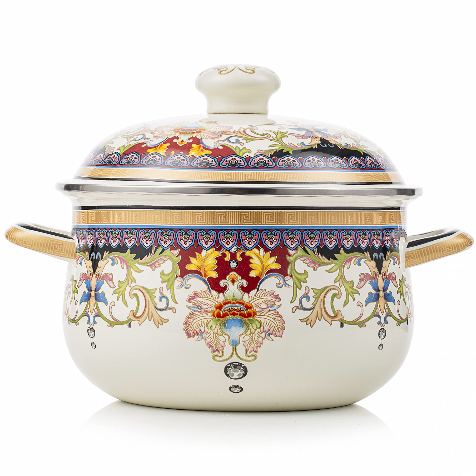 Olytaru olla esmalte flor retro con tapa, perfecta para hervir salsas.
