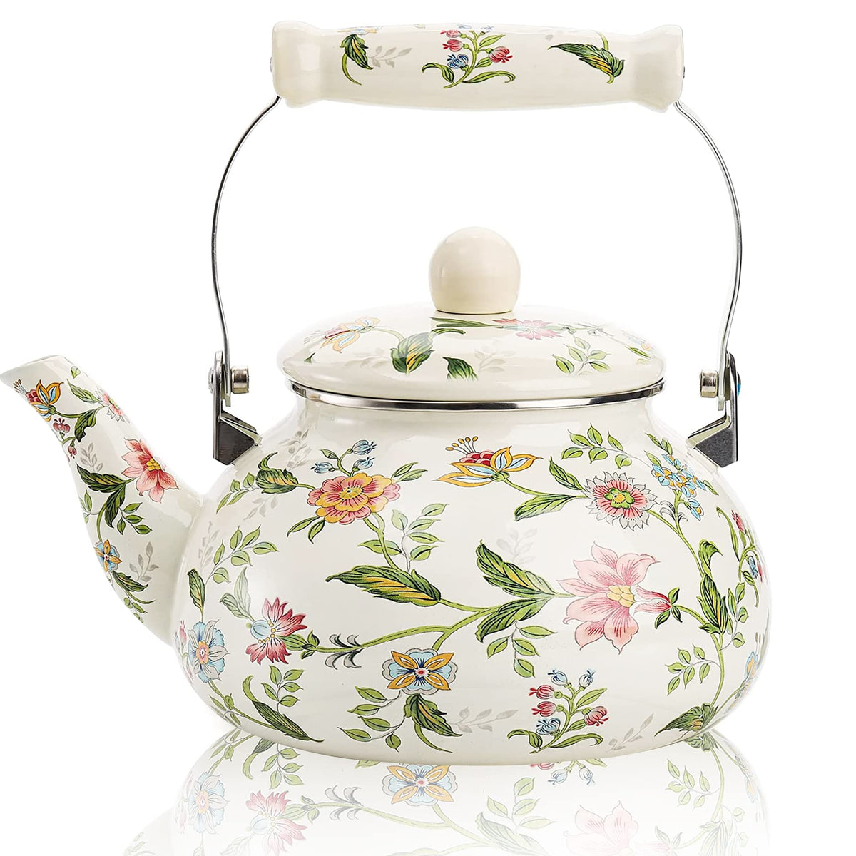 OLYTARU Tetera esmaltada floral de gran tamaño para uso diario.