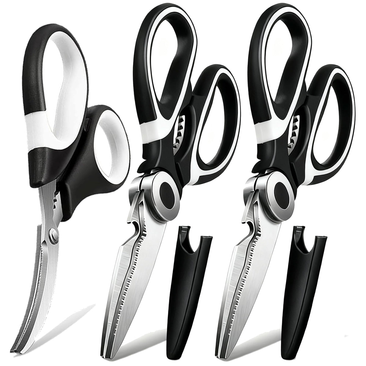 OMDAR tijeras de cocina tres-pack en uso, kit versátil para múltiples tareas