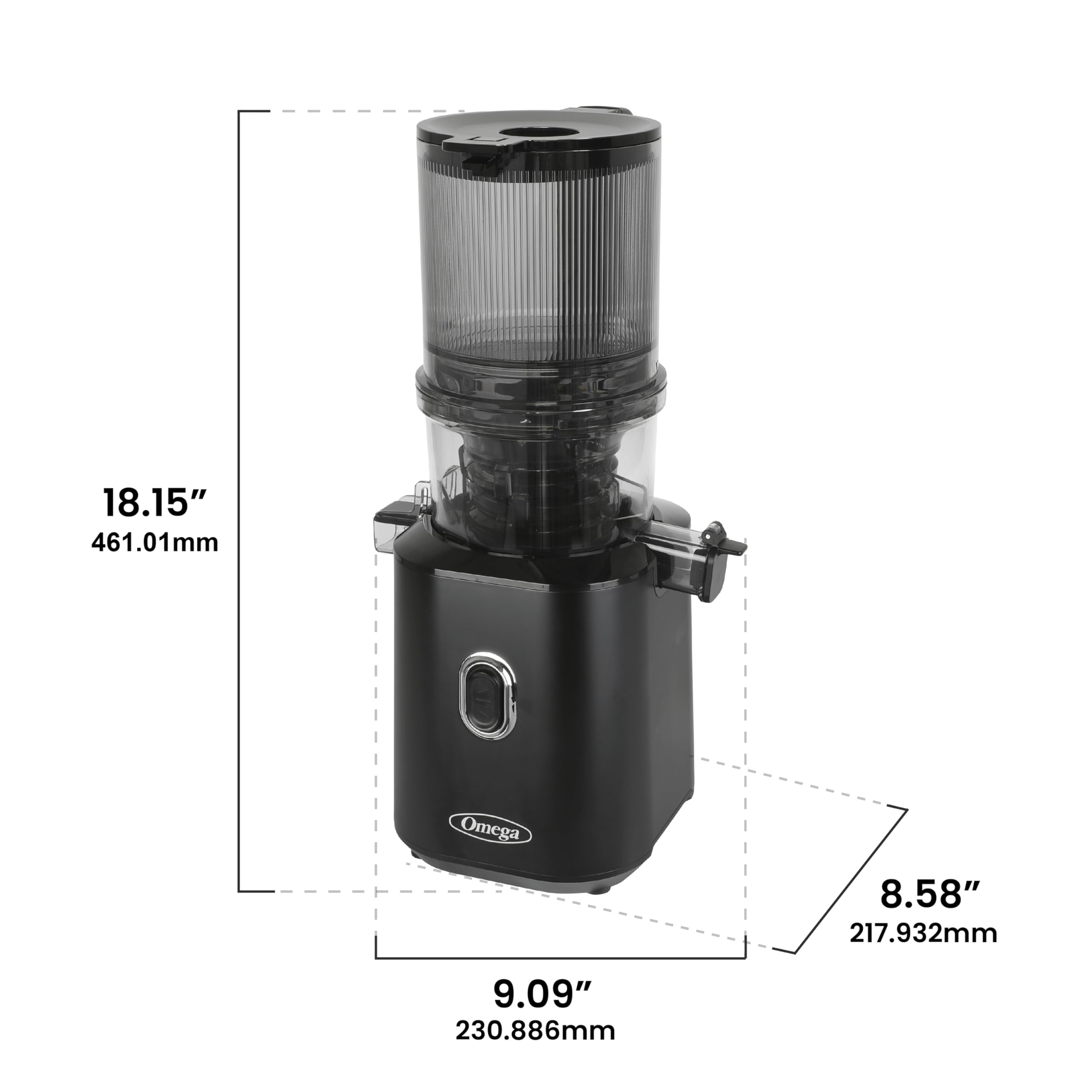 Omega exprimidor-prensa fria boca de entrada amplia para ingesta sencilla.