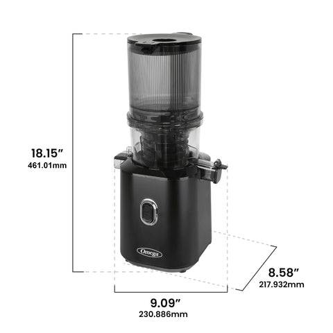 Omega exprimidor-prensa fria boca de entrada amplia para ingesta sencilla.