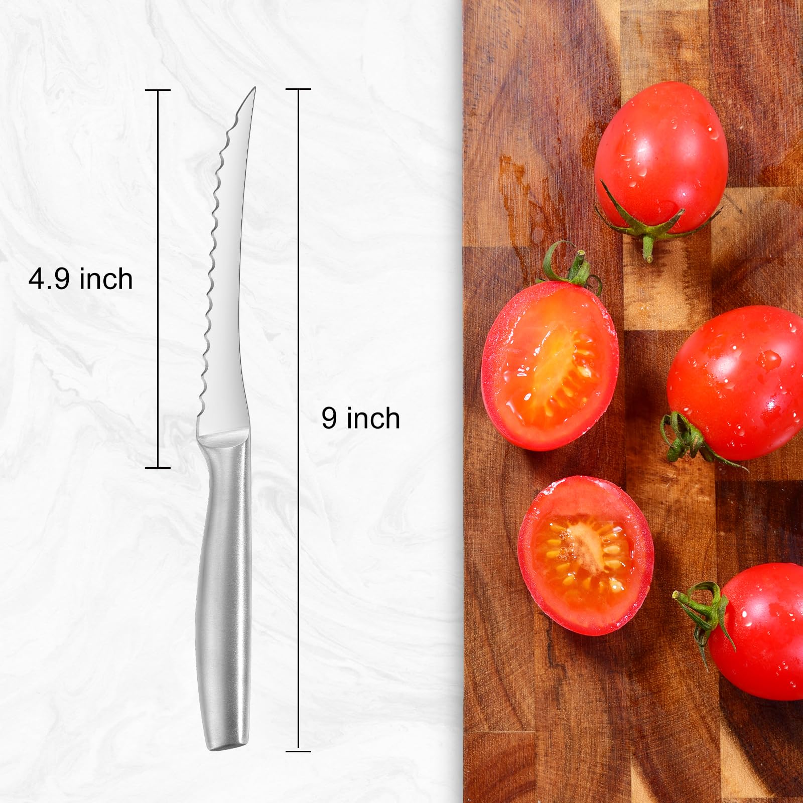 Mango texturizado de Omesata para agarre seguro durante el corte de tomate.