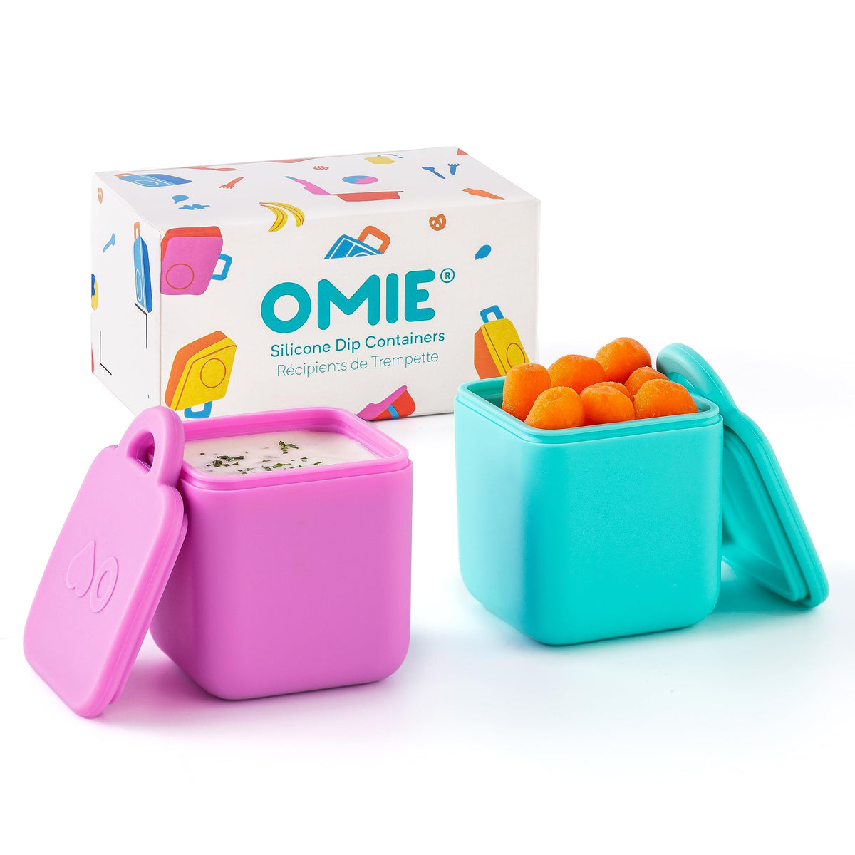 OmieBox Dips 2-pack rosa y turquesa, ideal para llevar dips sin derrames.