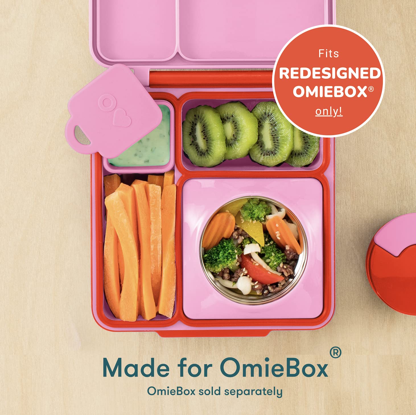 OmieBox Dips, contenedores para salsas y snacks, diseño compacto para viaje.